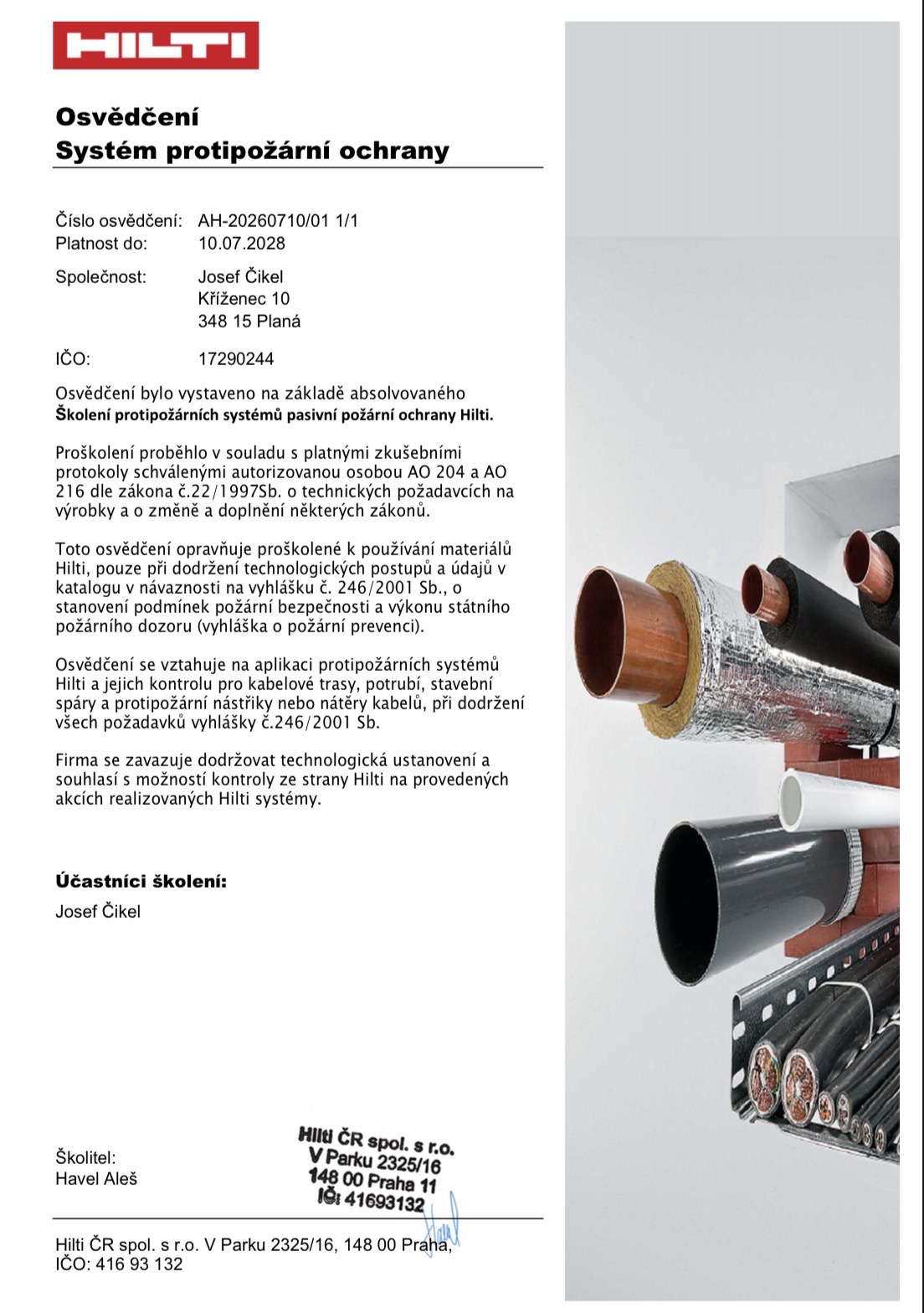 Osvědčení Hilti pro systémy protipožární ochrany